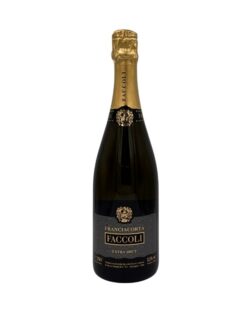 Faccoli Extra Brut: etichetta grigio scuro e oro, "Franciacorta Faccoli".