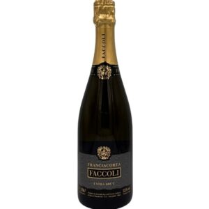 Bottiglia di Franciacorta Faccoli Extra Brut con etichetta grigio scuro e dettagli dorati che evidenziano "FRANCIACORTA FACCOLI" e "EXTRA BRUT"