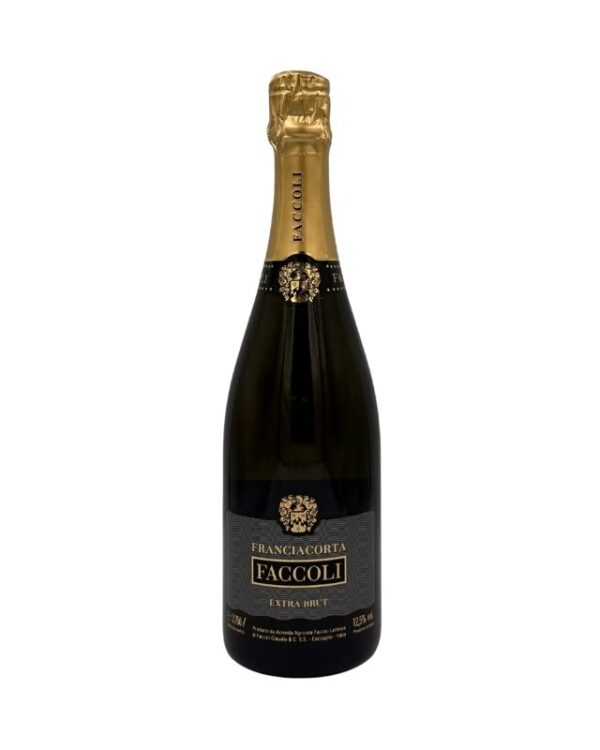 Bottiglia di Franciacorta Faccoli Extra Brut con etichetta grigio scuro e dettagli dorati che evidenziano "FRANCIACORTA FACCOLI" e "EXTRA BRUT"