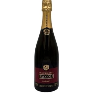 Bottiglia di Franciacorta Faccoli Rosé Brut con etichetta bordeaux e dettagli dorati che evidenziano "FRANCIACORTA FACCOLI" e "ROSÉ BRUT".
