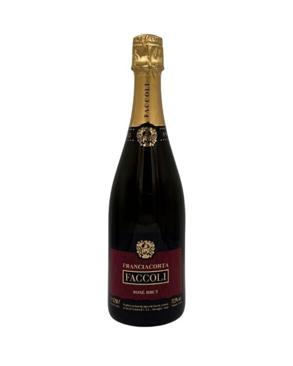 Bottiglia di Franciacorta Faccoli Rosé Brut con etichetta bordeaux e dettagli dorati che evidenziano "FRANCIACORTA FACCOLI" e "ROSÉ BRUT".