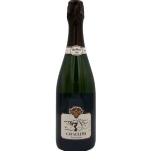 Bottiglia di Franciacorta Cavalleri Pas Dosé 2019 con etichetta chiara che evidenzia il logo "Cavalleri" in oro e la dicitura "Franciacorta" in basso. Sul collo della bottiglia è presente una piccola etichetta "Pas Dosé 2019".
