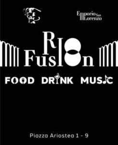 locandina che annuncia l'evento di emporio san lorenzo "music e wine" su sfondo nero con grafiche rappresentative