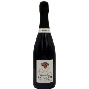 Bottiglia di Franciacorta Cavalleri Blanc de Blancs Brut Nature 2017 con etichetta chiara che evidenzia il logo "Cavalleri" in oro e la dicitura "Blanc de Blancs" in alto e "Brut Nature" sul collo.