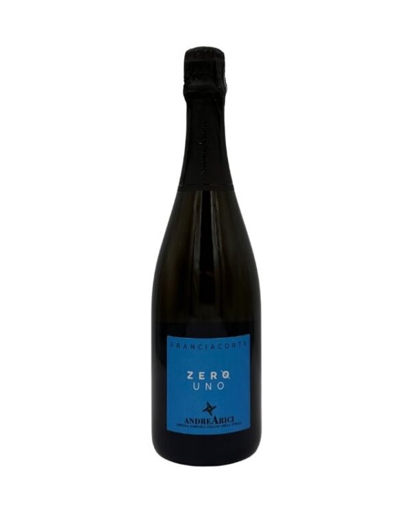 Bottiglia di Franciacorta Andrea Arici Zero Uno Dosaggio Zero con etichetta blu che evidenzia "FRANCIACORTA", "ZERO UNO" in grande e "ANDREA ARICI" in basso.