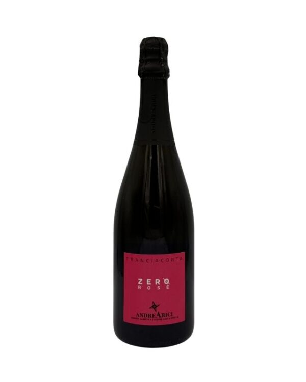 Bottiglia di Franciacorta Andrea Arici Zero Rosé Dosaggio Zero con etichetta fucsia che evidenzia "FRANCIACORTA", "ZERO ROSÉ" in grande e "ANDREA ARICI" in basso.