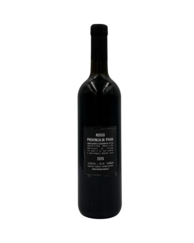 Retro della bottiglia di vino rosso Mordigallina Rosso Provincia di Pavia DOC 2015 con etichetta descrittiva che indica "ROSSO PROVINCIA DI PAVIA DOC", l'annata 2015, la gradazione alcolica 14.5% vol e il volume 750ml.