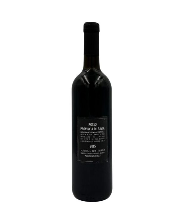 Retro della bottiglia di vino rosso Mordigallina Rosso Provincia di Pavia DOC 2015 con etichetta descrittiva che indica "ROSSO PROVINCIA DI PAVIA DOC", l'annata 2015, la gradazione alcolica 14.5% vol e il volume 750ml.