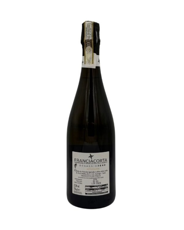 Retro della bottiglia di Franciacorta Andrea Arici Zero Millesimato Dosaggio Zero 2019 con etichetta chiara che include la dicitura "FRANCIACORTA DOSAGGIO ZERO", l'annata 2019, informazioni sul produttore e la gradazione alcolica 13% vol.