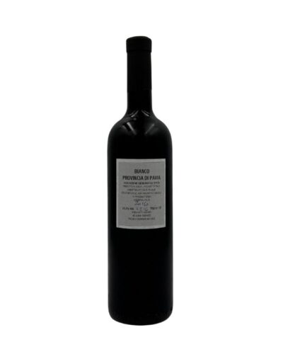 Retro della bottiglia di vino bianco Ireo Bianco Provincia di Pavia IGT 2016 con etichetta descrittiva che indica "BIANCO PROVINCIA DI PAVIA IGT", l'annata 2016, la gradazione alcolica 12.5% vol e il volume 750ml