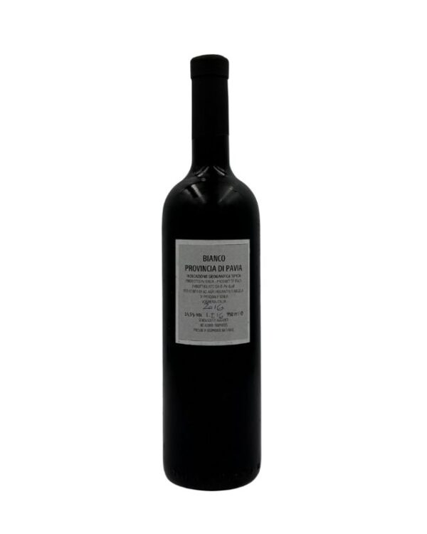 Retro della bottiglia di vino bianco Ireo Bianco Provincia di Pavia IGT 2016 con etichetta descrittiva che indica "BIANCO PROVINCIA DI PAVIA IGT", l'annata 2016, la gradazione alcolica 12.5% vol e il volume 750ml