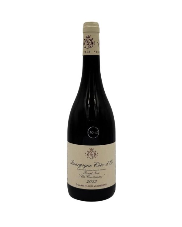 Bottiglia di Bourgogne Côte-d'Or Pinot Noir "Les Constances" 2023 del Domaine Huber-Verdereau con etichetta chiara che evidenzia il nome del produttore, la denominazione "Bourgogne Côte-d'Or", la varietà "Pinot Noir", il nome della cuvée "Les Constances" e l'annata "2023". Un piccolo cerchio con la scritta "(Le Clos)" è presente sopra l'etichetta principale.