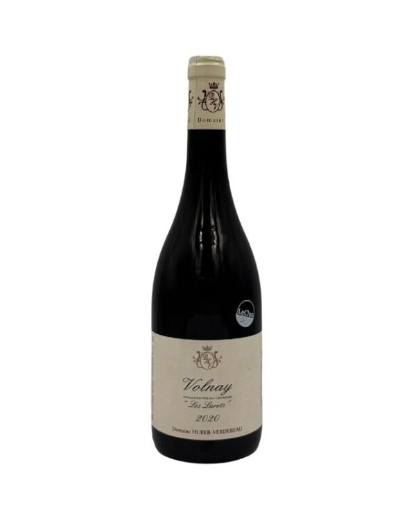 Bottiglia di Volnay "Les Lurets" 2020 del Domaine Huber-Verdereau con etichetta chiara che evidenzia la denominazione "Volnay", il nome del climat "Les Lurets" e l'annata "2020". Un piccolo adesivo nero con la scritta bianca "(Le Clos)" è presente sopra l'etichetta principale.