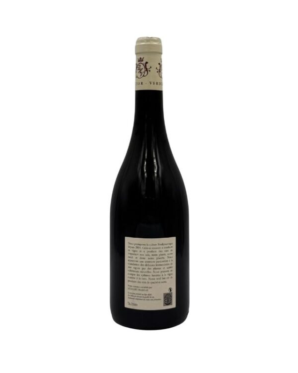 Retro della bottiglia di Volnay "Les Lurets" 2020 del Domaine Huber-Verdereau con etichetta descrittiva che include informazioni sulla filosofia del produttore e dettagli sul vino.