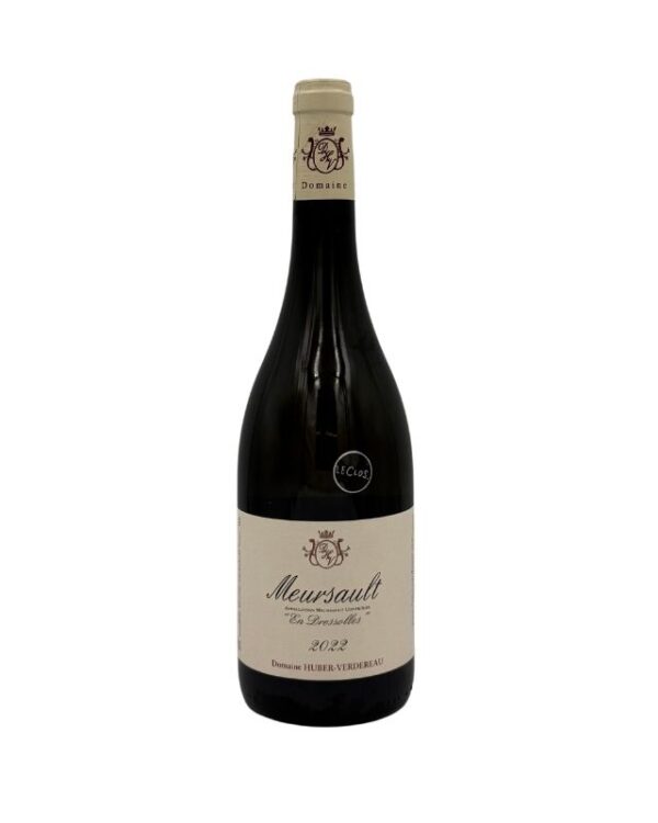 : Bottiglia di Meursault "En Dressolles" 2022 del Domaine Huber-Verdereau con etichetta chiara che evidenzia la denominazione "Meursault", il nome del climat "En Dressolles" e l'annata "2022". Un piccolo adesivo nero con la scritta bianca "(Le Clos)" è presente sopra l'etichetta principale.