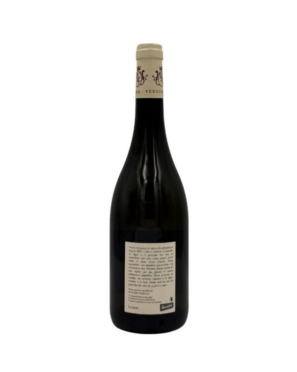 Retro della bottiglia di Meursault "En Dressolles" 2022 del Domaine Huber-Verdereau con etichetta descrittiva che include informazioni sulla filosofia del produttore e dettagli sul vino.
