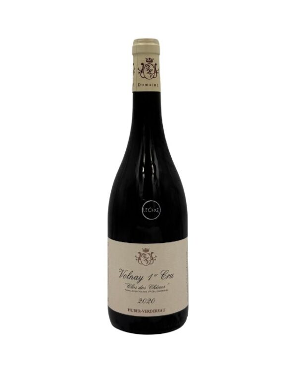 Bottiglia di Volnay 1er Cru "Clos des Chênes" 2020 del Domaine Huber-Verdereau con etichetta chiara che evidenzia la denominazione "Volnay 1er Cru", il nome del climat "Clos des Chênes" e l'annata "2020". Un piccolo adesivo nero con la scritta bianca "(Le Clos)" è presente sopra l'etichetta principale.