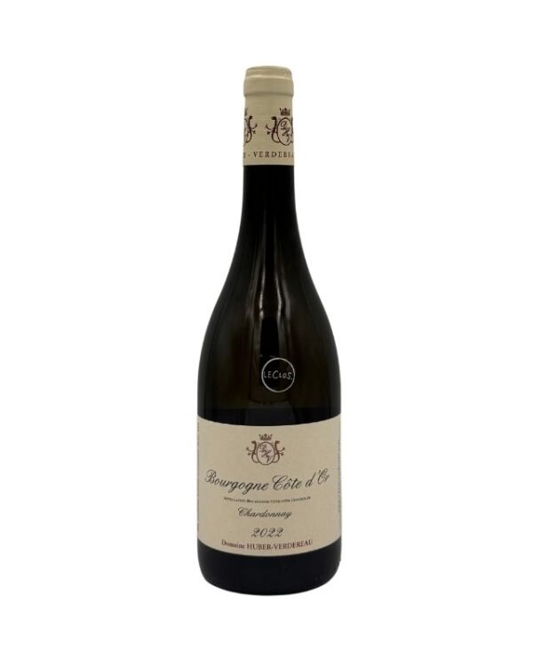 Bottiglia di Bourgogne Côte-d'Or Chardonnay 2022 del Domaine Huber-Verdereau con etichetta chiara che evidenzia il nome del produttore, la denominazione "Bourgogne Côte-d'Or", la varietà "Chardonnay" e l'annata "2022". Un piccolo adesivo nero con la scritta bianca "(Le Clos)" è presente sopra l'etichetta principale.