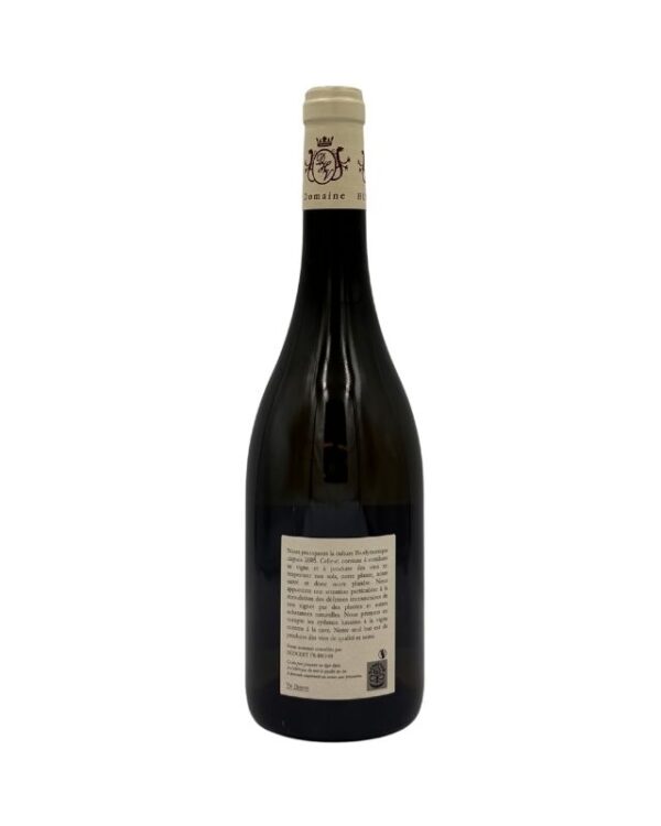 Retro della bottiglia di Bourgogne Côte-d'Or Chardonnay 2022 del Domaine Huber-Verdereau con etichetta descrittiva che include informazioni sulla filosofia del produttore e dettagli sul vino