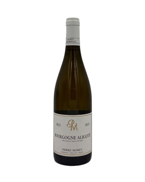 Bottiglia di Bourgogne Aligoté 2022 di Pierre Morey con etichetta chiara che evidenzia il nome del produttore "PIERRE MOREY", la denominazione "BOURGOGNE ALIGOTÉ" e l'annata "2022".