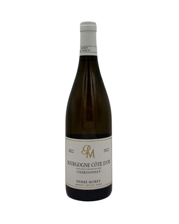 Bottiglia di Bourgogne Côte-d'Or Chardonnay 2022 di Pierre Morey con etichetta chiara che evidenzia il nome del produttore "PIERRE MOREY", la denominazione "BOURGOGNE CÔTE D'OR" e la varietà "CHARDONNAY", insieme all'annata "2022".
