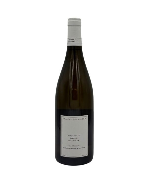 Retro della bottiglia di Bourgogne Côte-d'Or Chardonnay 2022 di Pierre Morey con etichetta descrittiva che include informazioni sul produttore e dettagli sul vino. È presente anche l'indirizzo web del produttore.