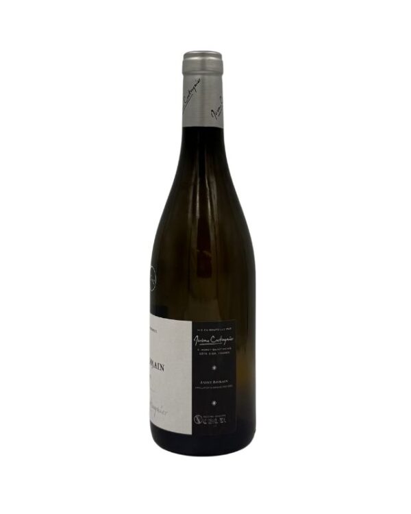 : Retro della bottiglia di Saint-Romain 2021 di Jérôme Castagnier con etichetta descrittiva che include informazioni sul produttore e dettagli sul vino. È presente anche la firma del produttore.