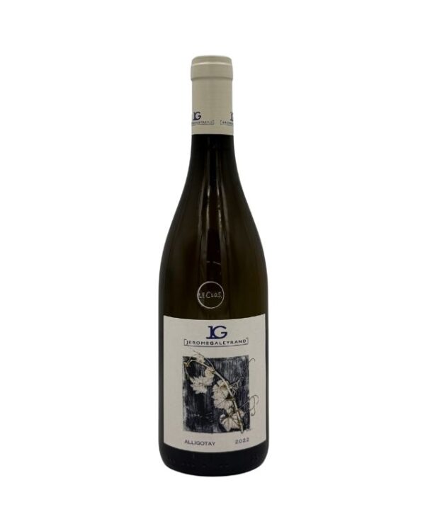 Bottiglia di Bourgogne Aligoté 2022 di Jérôme Galeyrand con etichetta chiara con un disegno stilizzato di una vite e la scritta "JÉRÔME GALEYRAND" in un riquadro, "ALIGOTÉ" in grande e l'annata "2022". Un piccolo adesivo nero con la scritta bianca "(Le Clos)" è presente sopra l'etichetta principale.