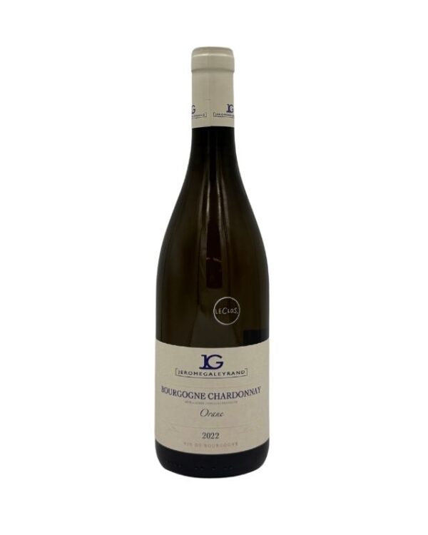 Bottiglia di Bourgogne Chardonnay Orane 2022 di Jérôme Galeyrand con etichetta chiara che evidenzia il nome del produttore "JÉRÔME GALEYRAND" in un riquadro, la denominazione "BOURGOGNE CHARDONNAY", il nome della cuvée "Orane" e l'annata "2022". Un piccolo adesivo nero con la scritta bianca "(Le Clos)" è presente sopra l'etichetta principale.