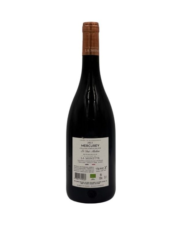 Retro della bottiglia di Mercurey Le Saint-Michel 2023 del Domaine de la Monette con etichetta descrittiva che include informazioni sul produttore, la denominazione "MERCUREY", l'annata "2023" e dettagli sul vino. È presente nuovamente l'adesivo "TRIPLE A".