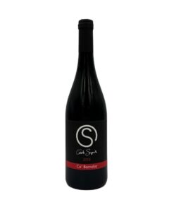 Bottiglia di vino rosso C'aleste Sorgente Rosso 2016 con etichetta nera e un grande simbolo "S" stilizzato bianco, la scritta "C'aleste Sorgente", l'annata "2016" e "Ca' Barnaba" su una banda rossa inferiore.