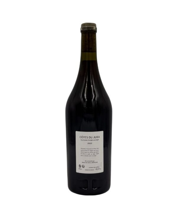 Retro della bottiglia di Côtes du Jura Aux Barres 2023 di Au Pairier con etichetta descrittiva che include la denominazione "CÔTES DU JURA" e l'annata "2023", insieme ad altre informazioni sul vino