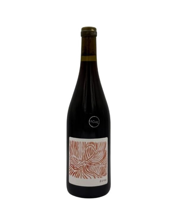 Bottiglia di Gamay B.A.BA. di Au Pairier con etichetta astratta rossa/bianca e scritta "B.A.BA." in basso. Jura sul collo.