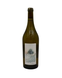 Bottiglia Côtes du Jura La Madeleine 2023 con etichetta artistica: albero solitario, filari e scritta "La Madeleine" in basso.